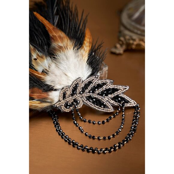 1920s Flapper Headpiece Beaded Feather Headband for Gatsby Art Deco Party main image 5
